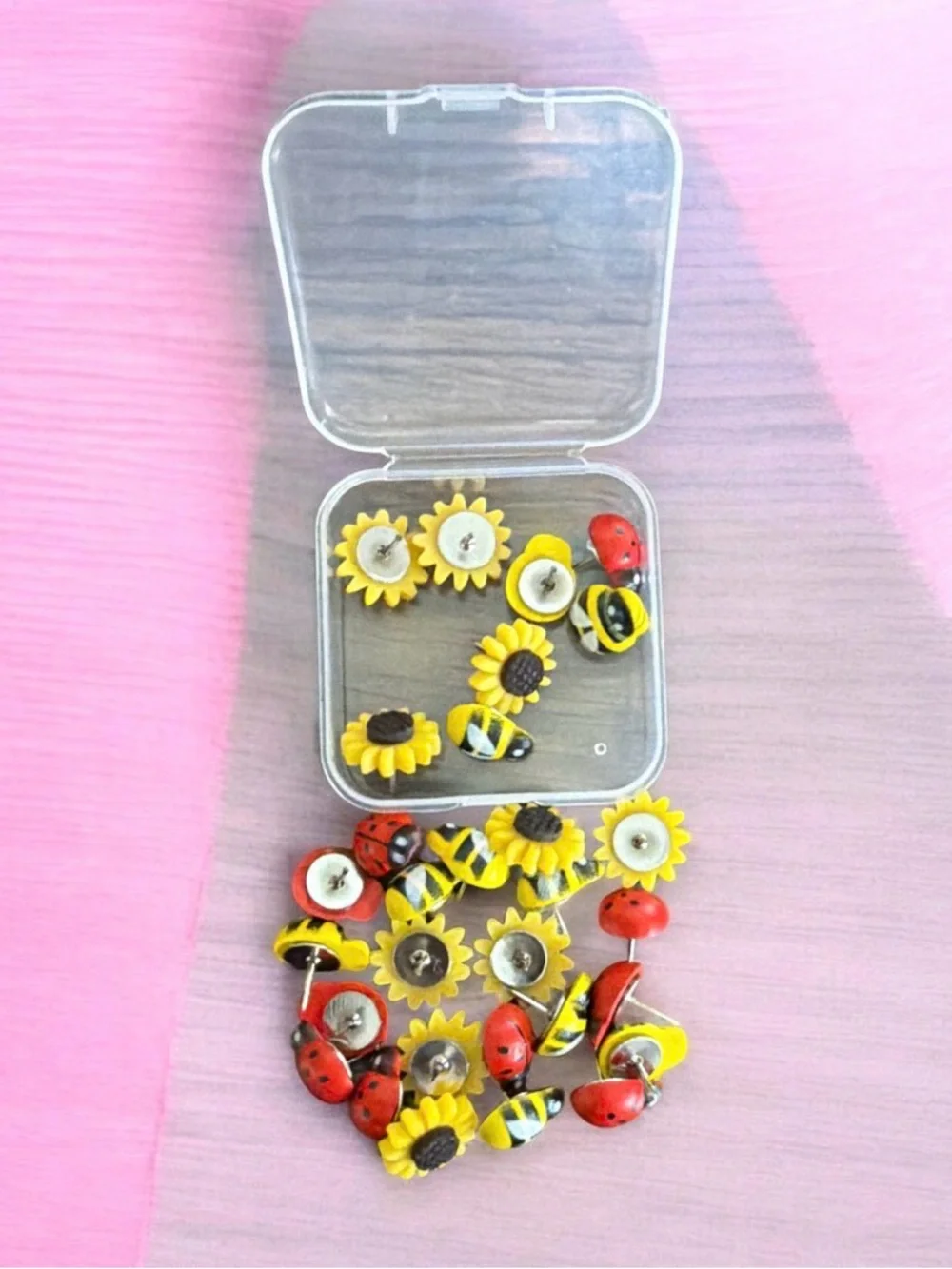 Cute Sunflower, Bee & Ladybug Decorative Push Pins - Bright Yellow & Red 30 Piec